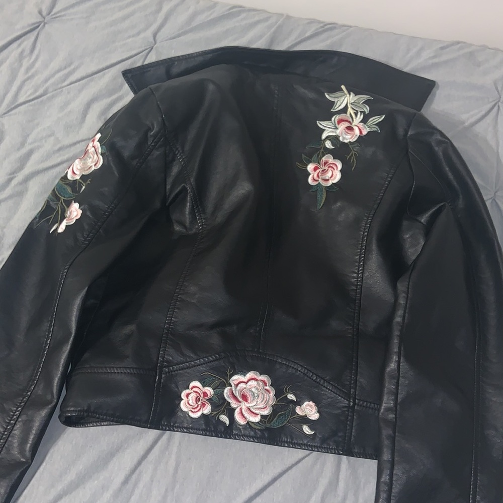 Vegan leather jacket with floral embroidery